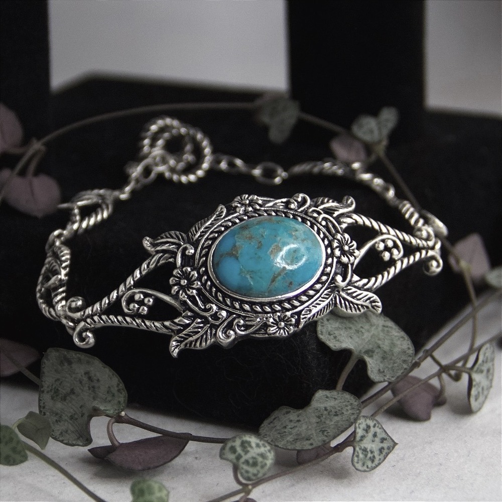 BBJ Sterling Silver 925 Turquoise Floral Filigree Toggle Bracelet 8.25" Boho